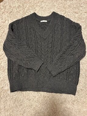 Oversize Charcoal Cable V-Neck Sweater